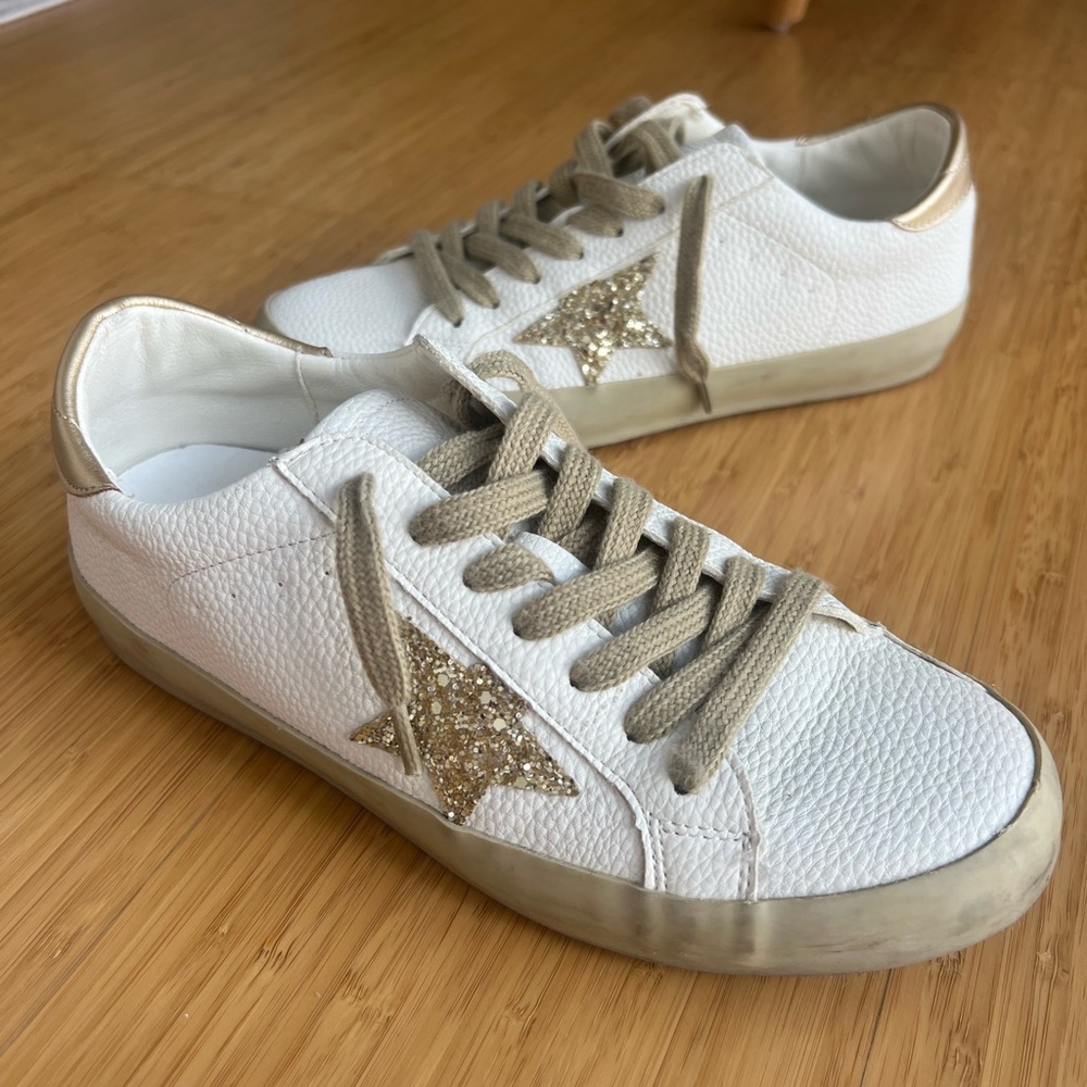 Shu Shop Paula White and Gold Glitter Star Sneakers